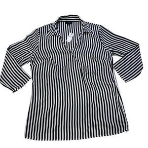 Talbots Women's Black & White Striped Faux Wrap Collared Blouse Shirt - Small